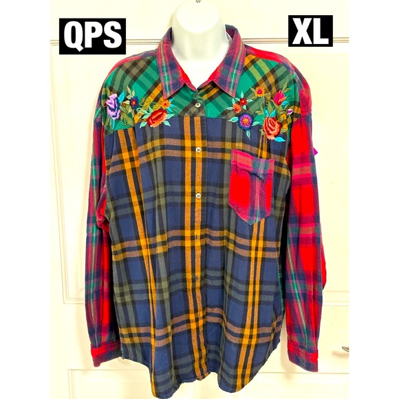 QPS Tops - QPS,‎ Vintage 1990s Plaid Embroidered Button Down Shirt Sz XL